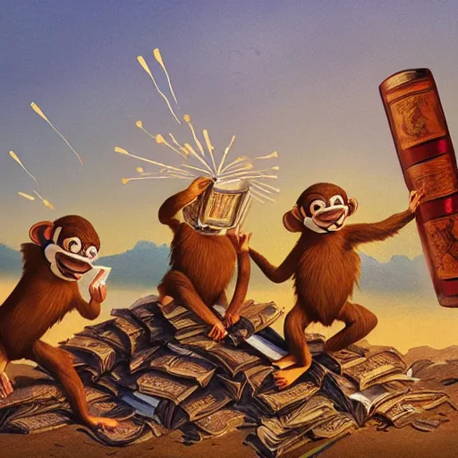 Prompt: [two anthropomorphic monkeys throwing books in a bonfire, behind them rockets are taking off. Matte painting, intricate, art by Gennady Mikhailovich Zykov]