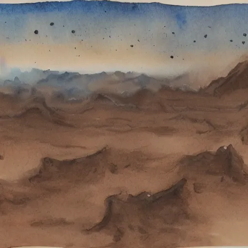 Prompt: a beautiful landscape of an alien planet, with strange terrain not found on earth, watercolor over graphite on vellum golden accented