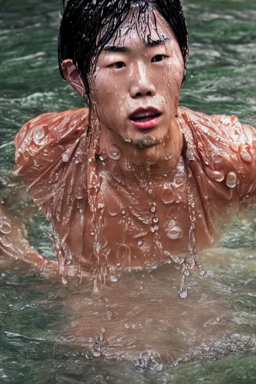 Prompt: a film still of japanese wearing kimono batik, close up face detail, muscular, wet body, model photography, wet dripping hair, emerging from the water