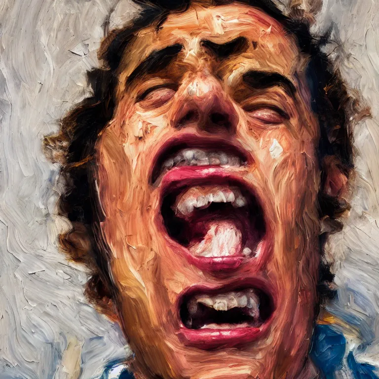 Prompt: warmly lit close up studio portrait of young angry!! screaming teenage Jerry Seinfeld furious!, impasto oil painting thick brushstrokes by Lucian Freud and Cy Twombly and Tim Hawkinson , trending on artstation dramatic lighting Expressionism