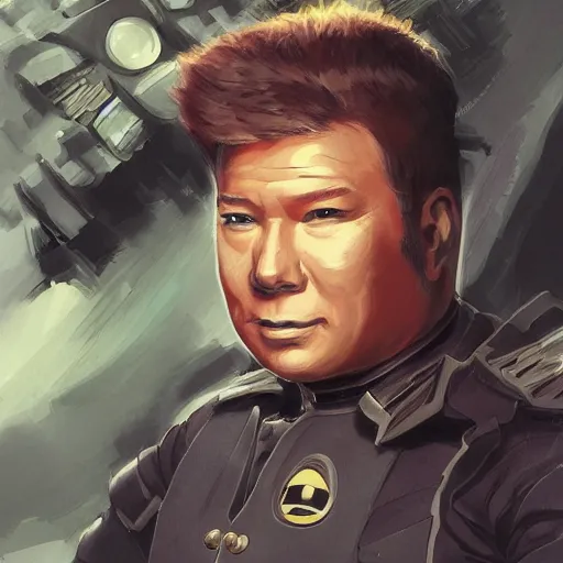 Image similar to An anime portrait of a young William Shatner in tactical gear, by Stanley Artgerm Lau, WLOP, Rossdraws, James Jean, Andrei Riabovitchev, Marc Simonetti, and Sakimichan, tranding on artstation