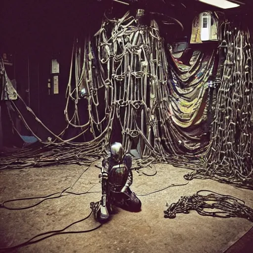 Image similar to “a photo of a kneeling knight wrapped in cables and chains in front of a glowing computer screen. The knight is in the center of a dark filthy dirty room filled with server racks and server cables hanging everywhere. The ground of the room is littered and covered with garbage and trash everywhere. It is dark and there are no lights. Cursed image. Nikon coolpix.”