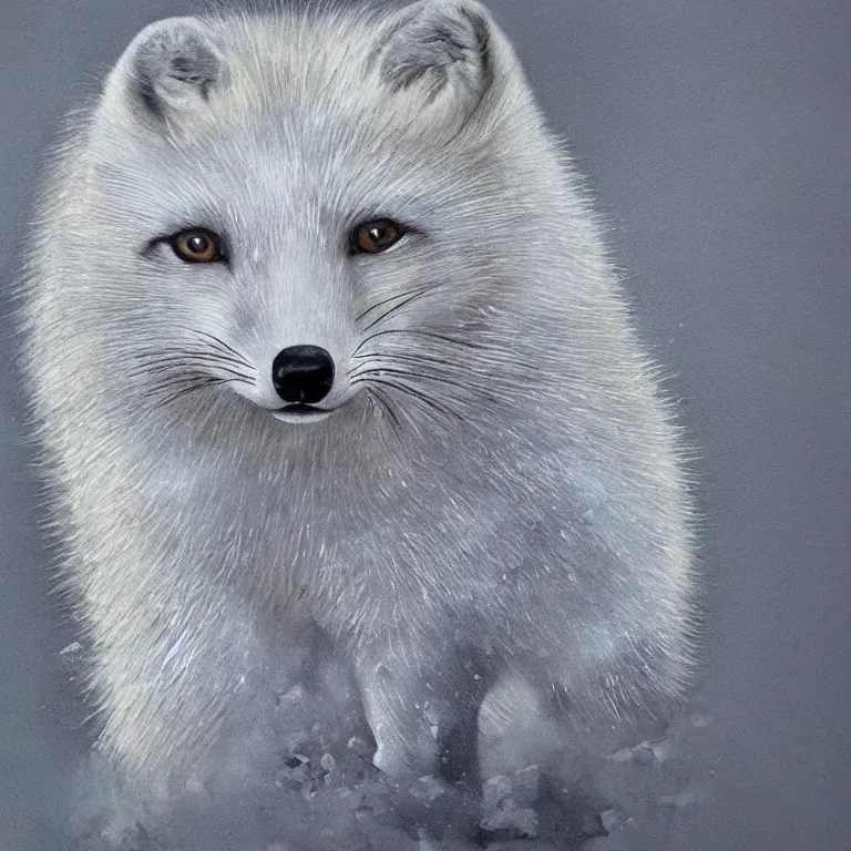 Image similar to hyperrealistic portrait of arctic fox bring ice and fire and destruction to the world photorealistic symmetrical detailed fracta central compositionl