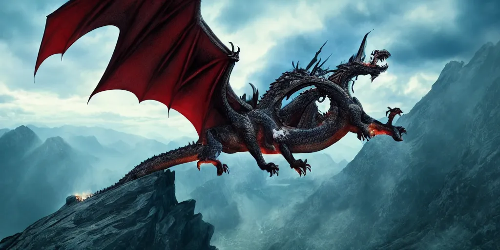 Image similar to A dragon breathing fire on the top of a mountain, epic wings half open, epic composition, detailed and intricate image, cinematic, 4K