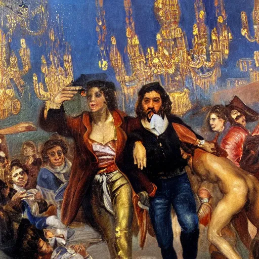 Image similar to highly detailed oil painting in the style of Delacroix of an early 20th century French writer exiting from a fantastical time machine made of polished gold metal and covered in flashing lights and monitors that has just appeared in the Luxembourg Gardens, Paris, 1973