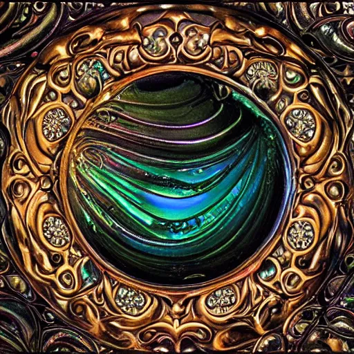 Image similar to Art Nouveau cresting oil slick waves, hyperdetailed bubbles in a shiny iridescent oil slick wave, ornate copper patina medieval ornament, rococo