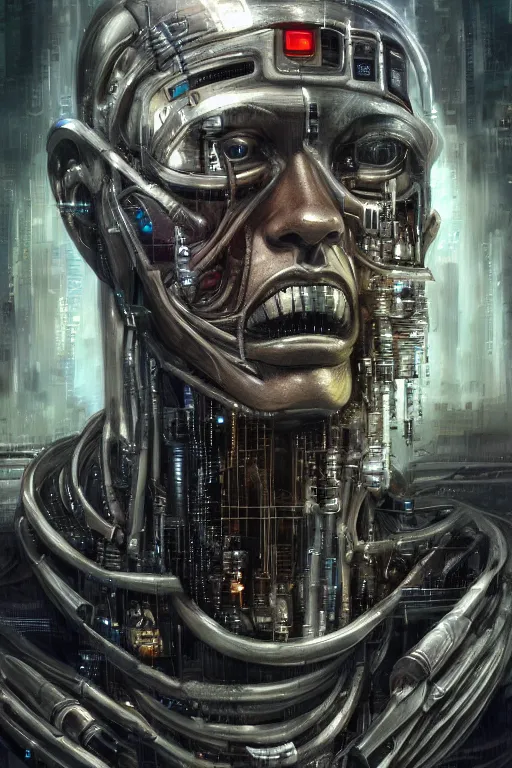 Prompt: an extremely high quality hd, a digital painting of a man's face surrounded by mechanical parts, cyberpunk art by h. r. ( hans ruedi ) giger, featured on cgsociety, afrofuturism, circuitry, tesseract, dystopian art, 8 k, ultra realistic, very realistic