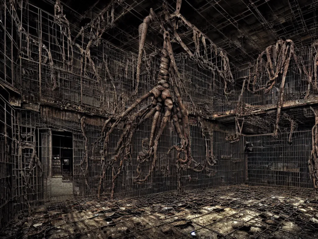 Image similar to An giant underground very gloomy multi-layered structure of rusty thick iron grids, dense chain-link fencing and peeling walls with multiple floors. In the center sits a creepy humanoid with very long limbs. Inside view, collapsed floors, bent rusted iron, masterpiece, macabre, black background, layers, corners, cinematic, hyperdetailed, photorealistic, hyperrealism, octane render, 8k, depth of field, bokeh, architecture, shadows, art by Zdzisław Beksiński, Arthur Rackham, Dariusz Zawadzki