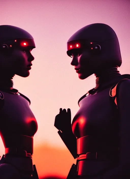 Image similar to cinestill 5 0 d photographic portrait of two loving female androids wearing rugged black techwear on a desolate plain with a red sky, extreme closeup, cyberpunk style, leather garters, dust storm, 8 k, hd, high resolution, 3 5 mm, f / 3 2, ultra realistic faces, ex machina