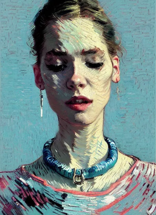 Image similar to portrait of beautiful girl, necklace, ecstatic, dancing, eyes closed, shades of pastel blue and light grey, new york backdrop, beautiful face, rule of thirds, intricate outfit, spotlight, by greg rutkowski, by jeremy mann, by francoise nielly, by van gogh, digital painting