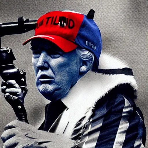 Image similar to Donald Trump holds a machine gun with an eagle on his shoulder, hd, dramatic, patriotic