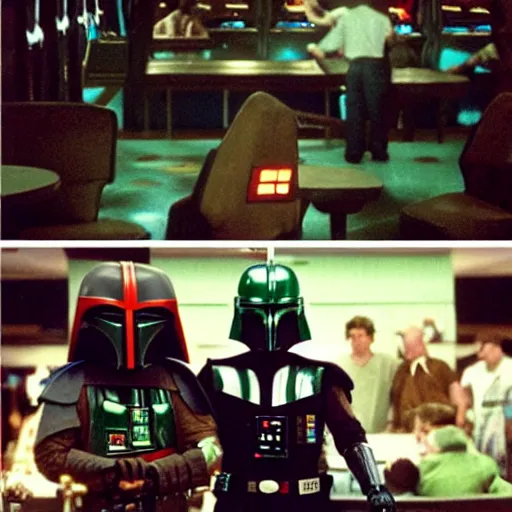 Image similar to boba fett and darth vader drinking at a bowling alley bar in the movie the big lebowski - w 7 2 0