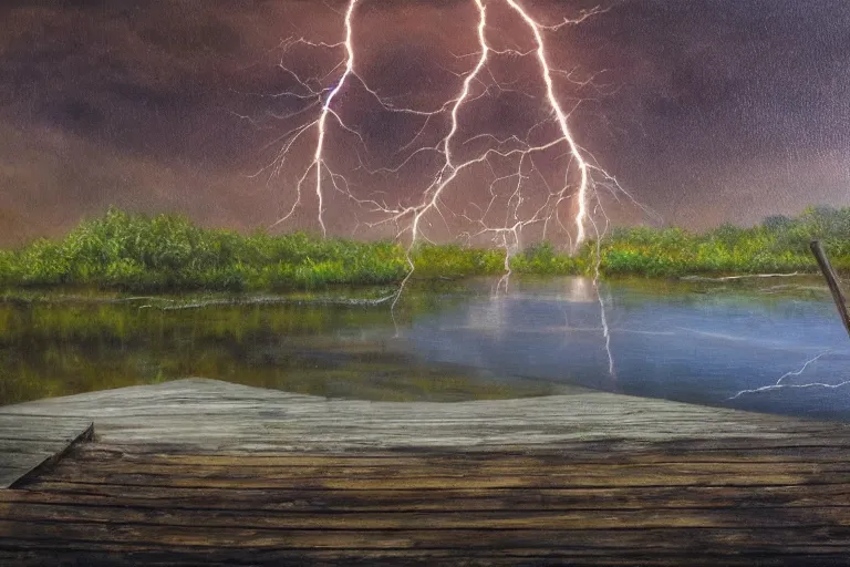 Image similar to pond with a weathered wooden dock, lightning strike in the background detailed, hyper realistic oil painting, intricately detailed, face, full lips, smiling eyes, 8 k, diffuse lighting, cinematic