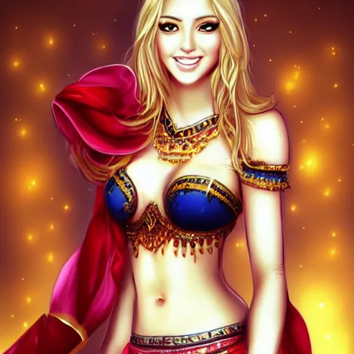 Prompt: very beautiful blonde belly dancer, smiling, flirty, eye contact, perfect face, perfect body, drawn by artgerm