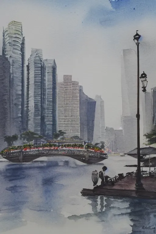 Image similar to a watercolor depicting singapore river boat quay with statue of raffles, gloomy weather, high contrast, smooth, by joseph zbikowicz, 8 k