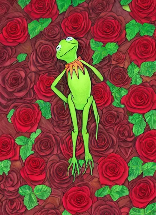 Prompt: kermit posing on a bed colorful red roses, path traced, highly detailed, high quality, digital painting, by studio ghibli and alphonse mucha, leesha hannigan, makoto shinkai, disney