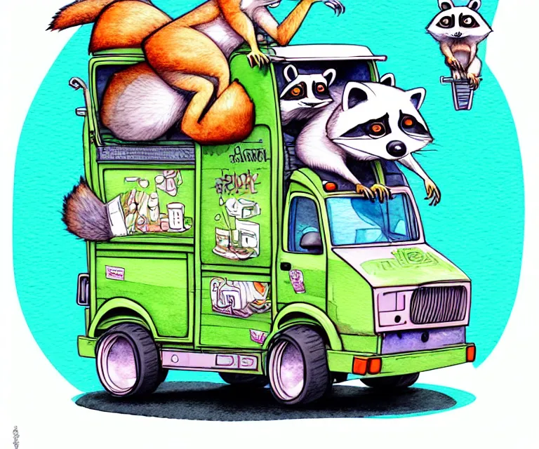 Prompt: cute and funny, / / / racoon / / / riding in a tiny garbage truck, ratfink style by ed roth, centered award winning watercolor pen illustration, isometric illustration by chihiro iwasaki, edited by range murata, tiny details by artgerm and watercolor girl, symmetrically isometrically centered, sharply focused