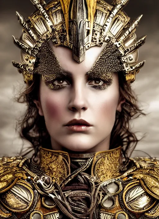 Prompt: close - up portrait of beautiful young woman dressed gladiator with metallic armor, art by kirsty mitchell