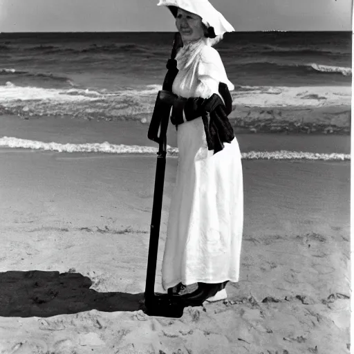 Image similar to an edwardian woman using a metal detector on the beach, black and white photograph