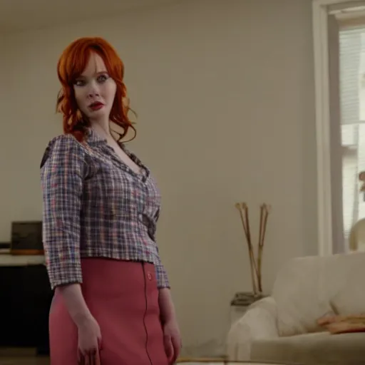 Image similar to a very surprised looking beautiful christina hendricks in a miniskirt in the living room, film still from the movie directed by denis villeneuve, wide lens