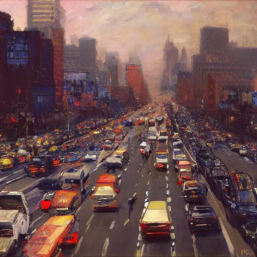 Image similar to A clutter scene of city traffic, maximalism, symmetry, high visual detail, photorealistic, by Ilya Repin and Asher Duran, artstation