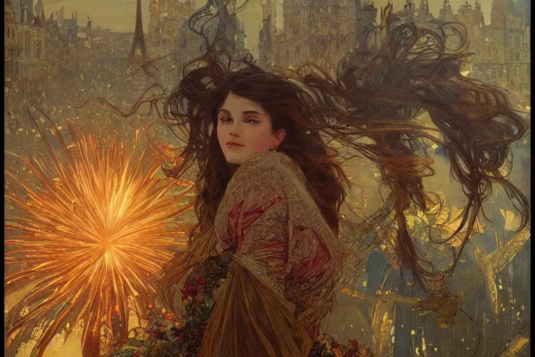 Prompt: a beautiful realistic painting of a firework festival at seine river, intricate, elegant, highly detailed, digital painting, artstation, concept art, by krenzcushart, artem demura, alphonse mucha