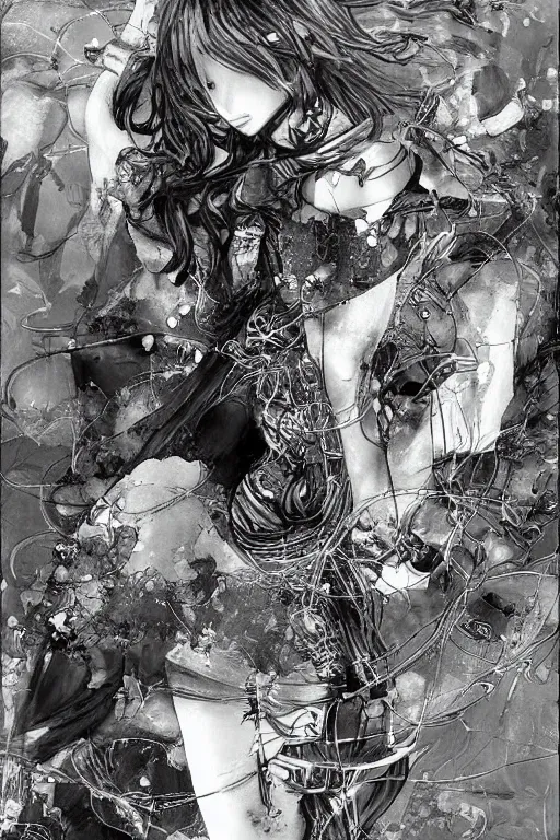 Image similar to a vertical portrait of a character in a scenic environment by Yoshitaka Amano, black and white, dreamy, cybernetic suit, wavy long black hair, highly detailed