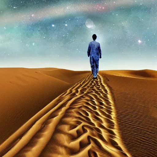 Prompt: walking alone across the desert of the universe. spiritual artwork