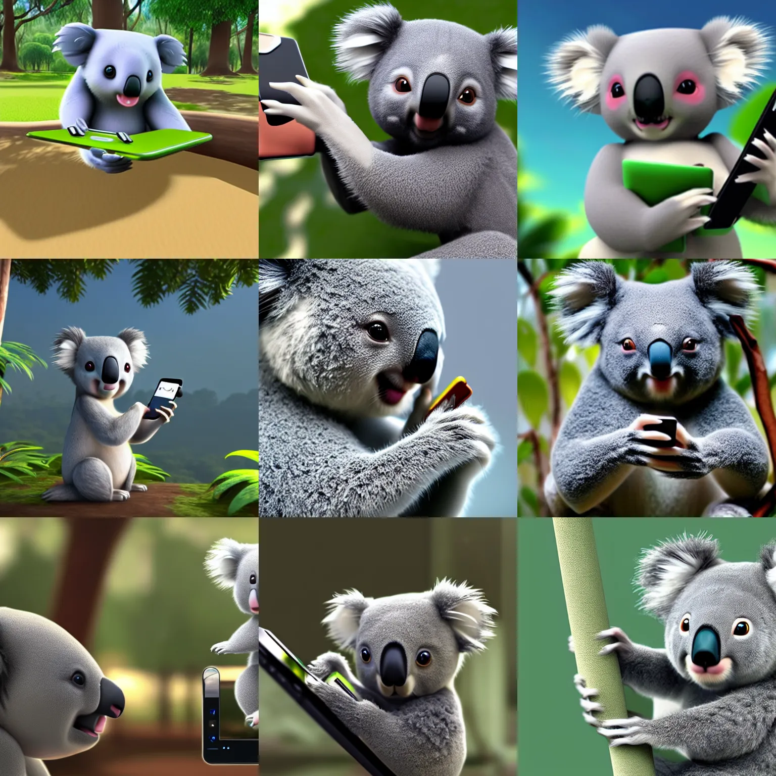 Prompt: a cute koala using mobile phone, unreal engine