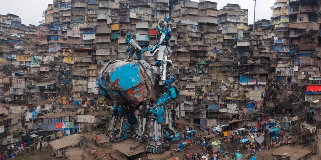 Image similar to giant mecha ROBOT of AJEGUNLE SLUMS of Lagos, writing on robot,