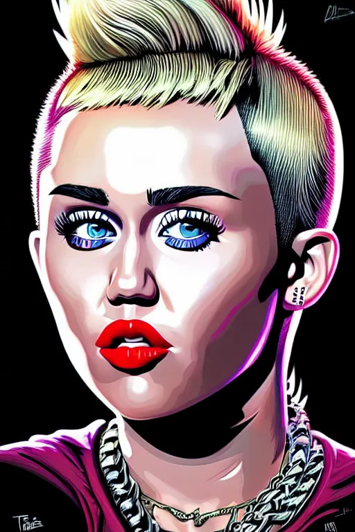 Image similar to a portrait of miley cyrus, drawn by robbie trevino and dan mumford, poster, digital art, comic art, concept art,, single head, no double head,