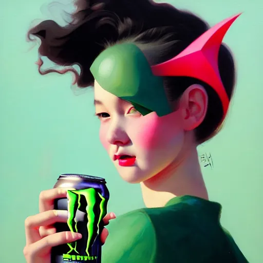 Prompt: girl drinks monster energy, organic painting, matte painting, bold shapes, hard edges, street art, trending on artstation, by huang guangjian and gil elvgren and sachin teng