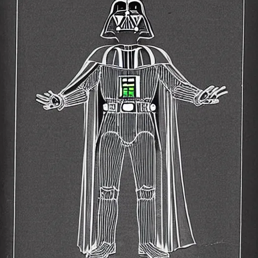 Image similar to darth vader ’ s suit schematic drawn by da vinci, mechanical drawing