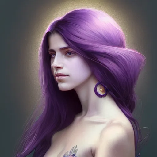 Image similar to portrait of a young girl, nose ring, upper body, purple hair, long hair, joyful smirk, intricate, smoking weed, elegant, highly detailed, digital painting, artstation, concept art, matte, sharp focus, illustration, art by artgerm and greg rutkowski and alphonse mucha