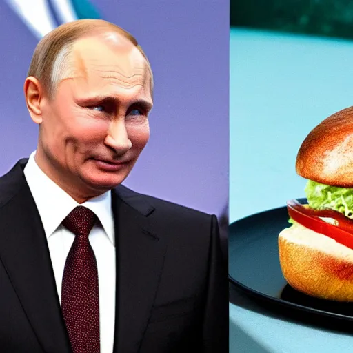 Image similar to Vladimir Putin, slathered in mayonnaise On a bed of lettuce and tomato between a bread bun