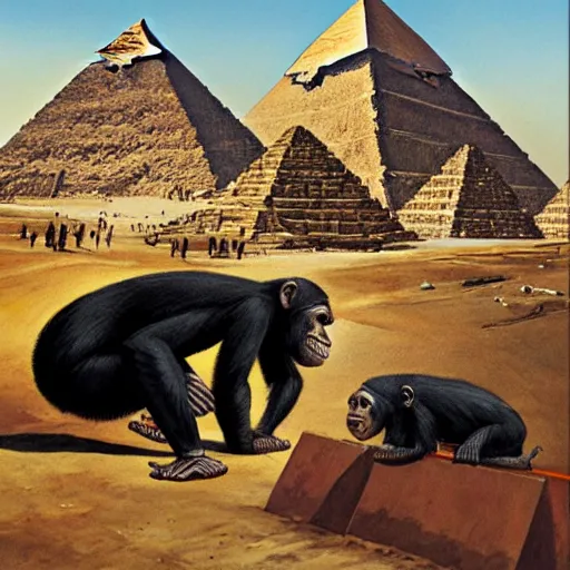 Image similar to chimpanzees building the great pyramid of giza, painting by hans glaser,