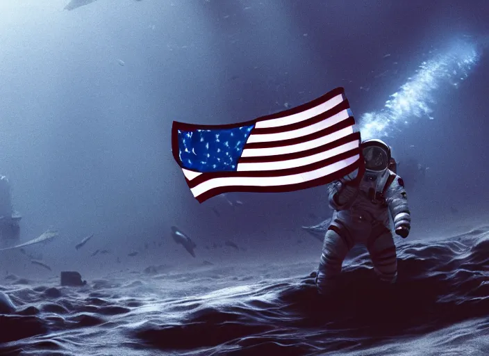 Image similar to astronaut holding a flag in an underwater desert. a submarine is visible in the distance. dark, concept art, cinematic, dramatic, atmospheric, 8 k, trending on artstation, blue, fish, low visibility, fog, ocean floor, christopher nolan, interstellar