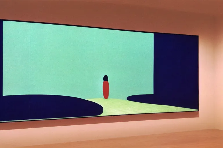 Image similar to david hockney minimalist noisy grainy 1960s style James Turrell exhibition painting