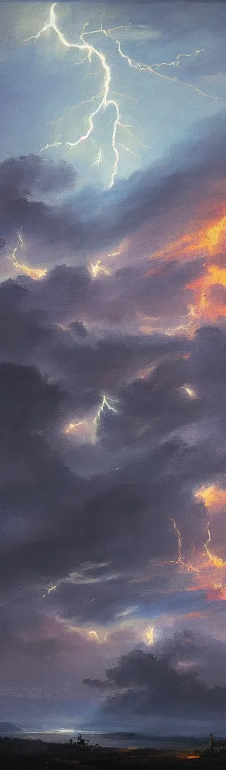 Image similar to lightning in the distance epic landscape painting ultrawide