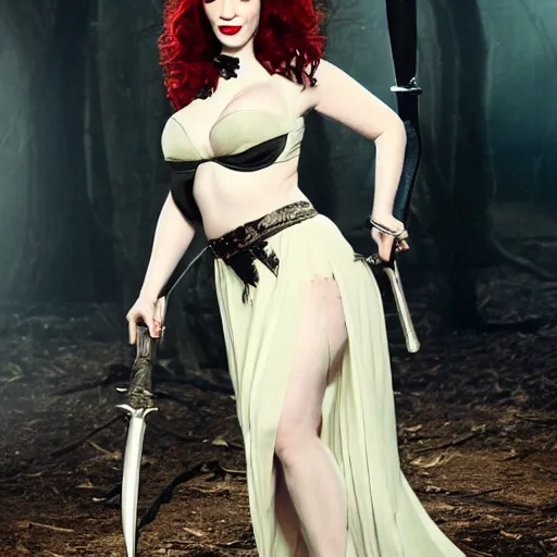 Prompt: full body photo of christina hendricks as a vampire warrior with weapons