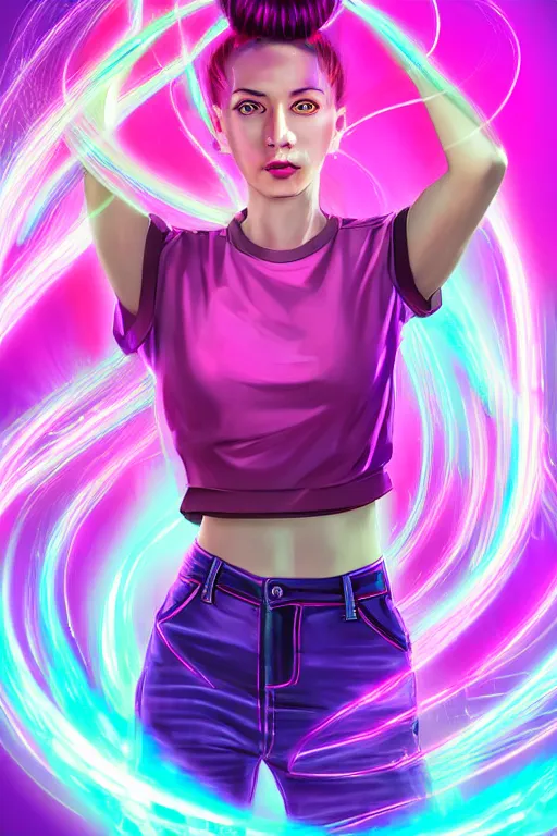 Image similar to a award winning half body portrait of a beautiful woman in a croptop and cargo pants with ombre purple pink teal hairstyle with head in motion and hair flying, surrounded by whirling illuminated lines, outrun, vaporware, shaded flat illustration, digital art, trending on artstation, highly detailed, fine detail, intricate