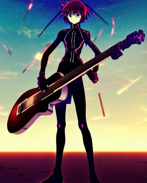 Image similar to anime illustration of black evangelion eva - 0 1 standing on an empty highway holding a steampunk guitar at night, cinematic lighting, evangelion anime poster, rebuild of evangelion 1 0 8 0 p, 9 0 s anime aesthetic, volumetric lights, rule of thirds, unreal engine render, pinterest wallpaper, trending on artstation