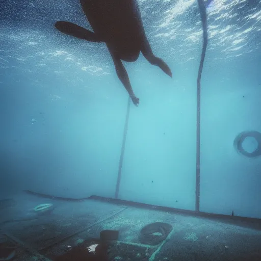 Prompt: abandoned rusty underwater theme park, surreal, horror, eerie, creepy, murky water, underwater, underwater photography, dark, submechanophobia, open ocean, fish swimming in distance, night,