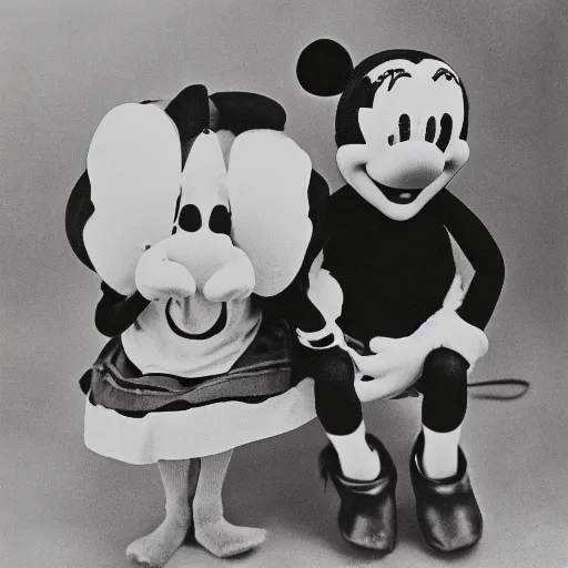 Image similar to depression - era photograph of mickey mouse and minnie mouse in the style of dorothea lange