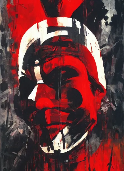 Image similar to v for vendetta by ashley wood, yoji shinkawa, jamie hewlett, 6 0's french movie poster, french impressionism, black red white colors, palette knife and brush strokes, dutch tilt
