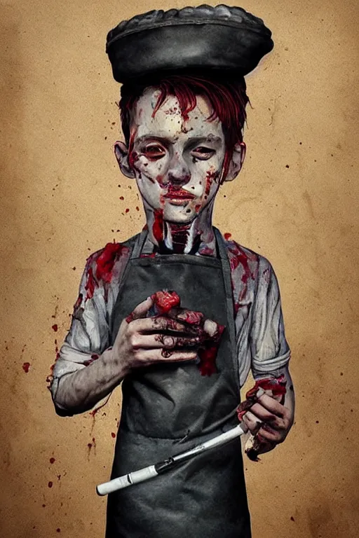 Prompt: a portrait of a android boy butcher, smoking a cigarette, bloody apron, surrealism, dramatic lighting, textured paper, character study, watercolor painting by android jones