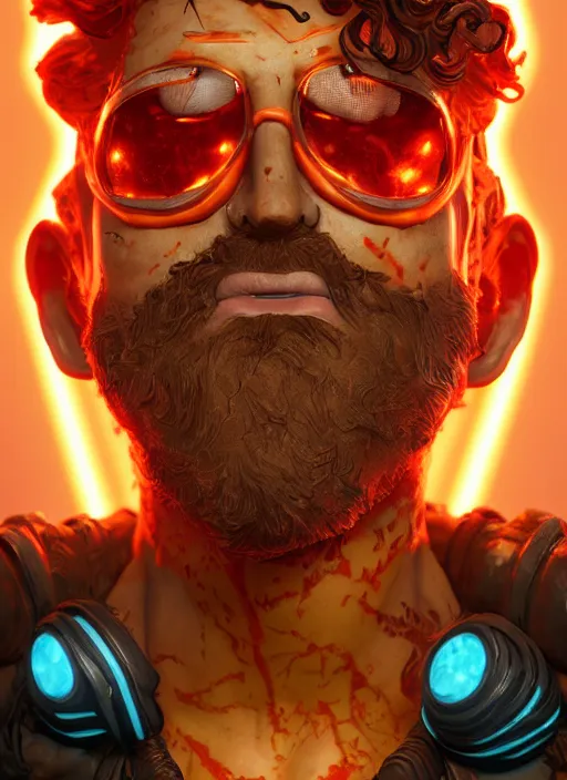 Image similar to glowwave portrait of curly orange hair man from borderlands 3, au naturel, hyper detailed, digital art, trending in artstation, cinematic lighting, studio quality, smooth render, unreal engine 5 rendered, octane rendered, art style by klimt and nixeu and ian sprigger and wlop and krenz cushart.