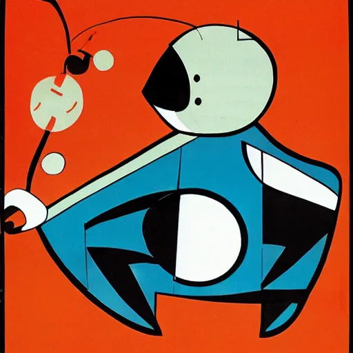 Prompt: atomic nuclear friendly cartoon character in the style of Charley Harper and Eric Fraser, post-war, colourful