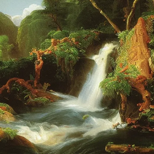 Prompt: The stream is a metaphor for life. It is always moving forward, even though it may meander. An oil painting by Thomas Cole