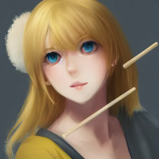 Prompt: full headshot portrait of a blond girl in a yellow sweater with a large ball of sweet cotton wool on a stick, drawn by wlop, by avetetsuya studios, attractive character, colored sketch anime manga panel, cirno from touhou, trending on artstation